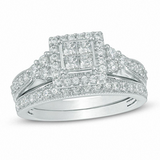 1 CT. T.W. Quad Princess-Cut Diamond Frame Tri-Sides Bridal Set in 10K White Gold